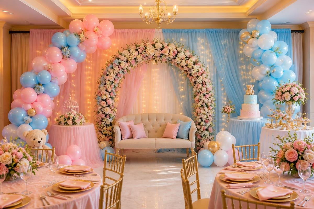 Pastel baby shower hall with balloon arch and floral backdrop